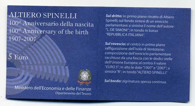 Италия 5 евро 2007 100 лет со дня рождения Альтьери Спинелли KM 293 серебро UNC 6-5-1-31