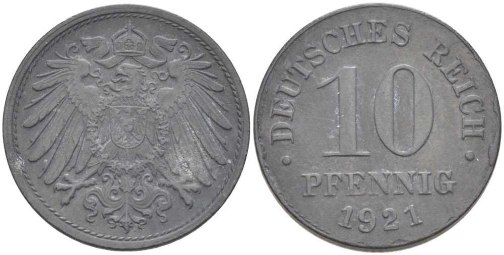 ГЕРМАНИЯ 10 ПФЕННИГОВ 1921 (1917-1922) KM 26, J. 299, Weege 8 цинк 210-241