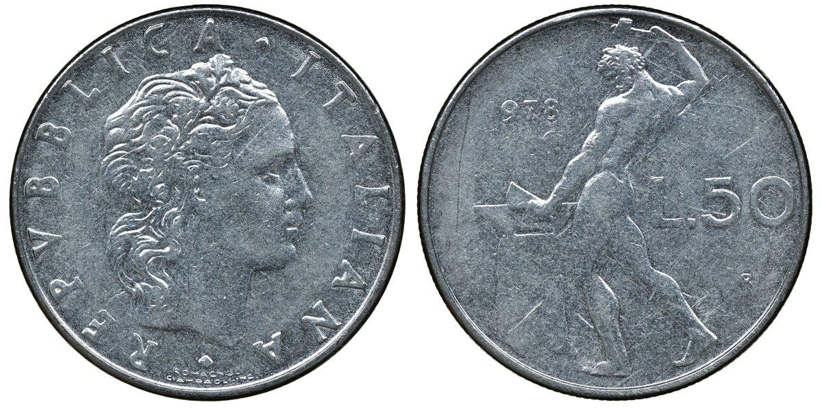 ИТАЛИЯ 50 ЛИР 1978 R, БОГ ОГНЯ ВУЛКАН У НАКОВАЛЬНИ KM 95.1 нержавеющая сталь 72-541