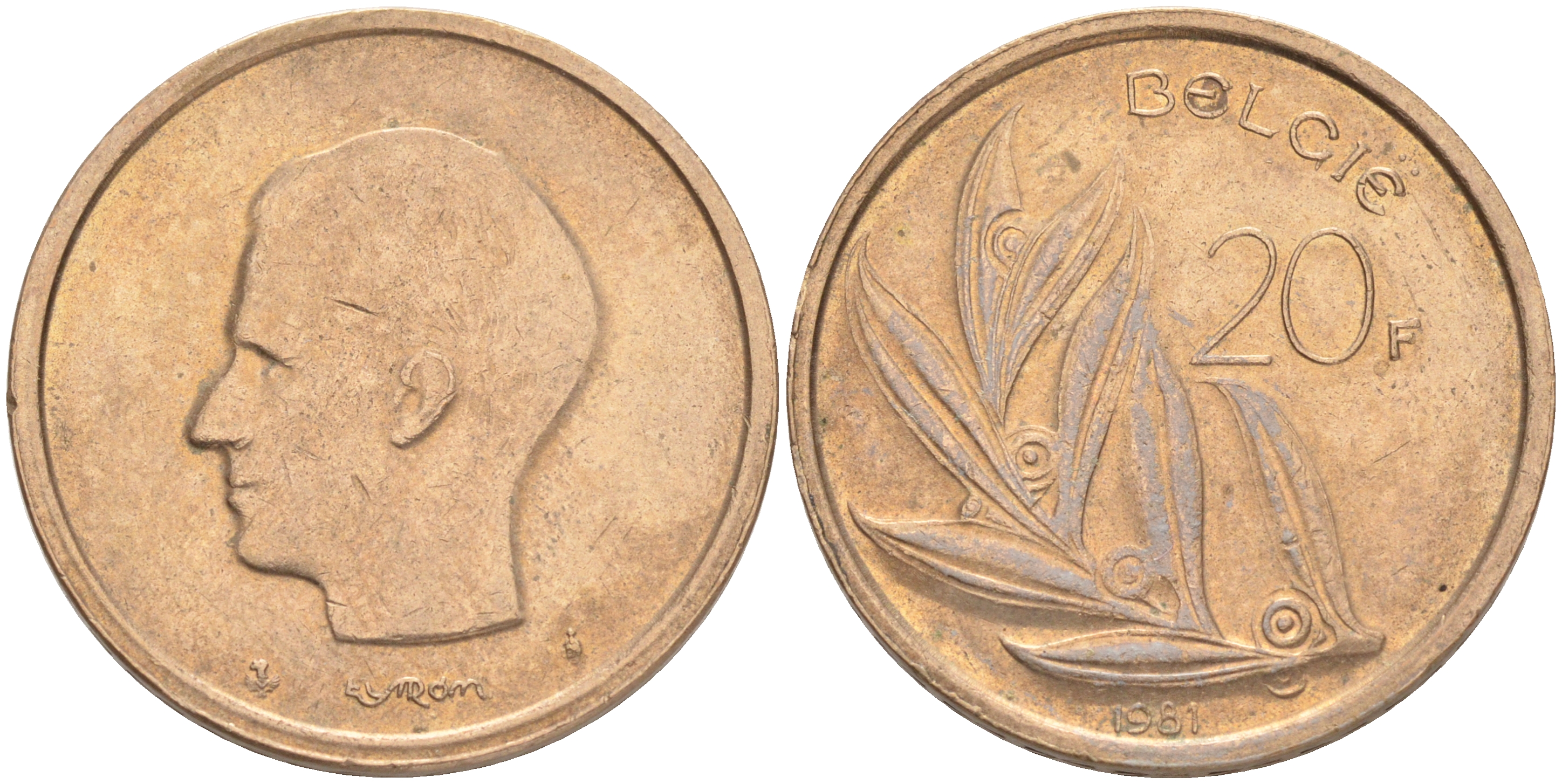 БЕЛЬГИЯ 20 ФРАНКОВ 1981 BELGIE KM 160 никель бронза 4556-655