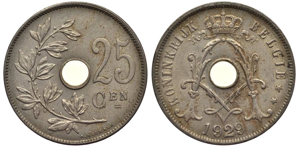 БЕЛЬГИЯ 25 САНТИМОВ 1929 BELGIE, АЛЬБЕРТ I (1909-1934) KM 69 медно-никель 27-935