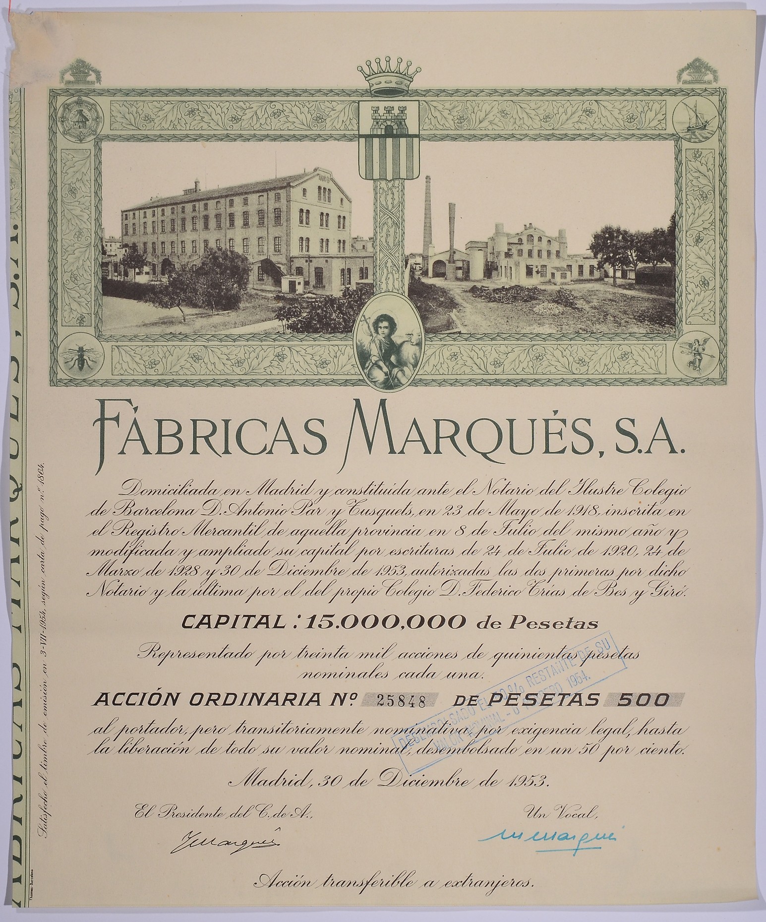 ИСПАНИЯ АЦИЯ НА 500 ПЕСЕТ 1953 FABRICAS MARQUES S.A., МАДРИД 1953 бумага 5544-4