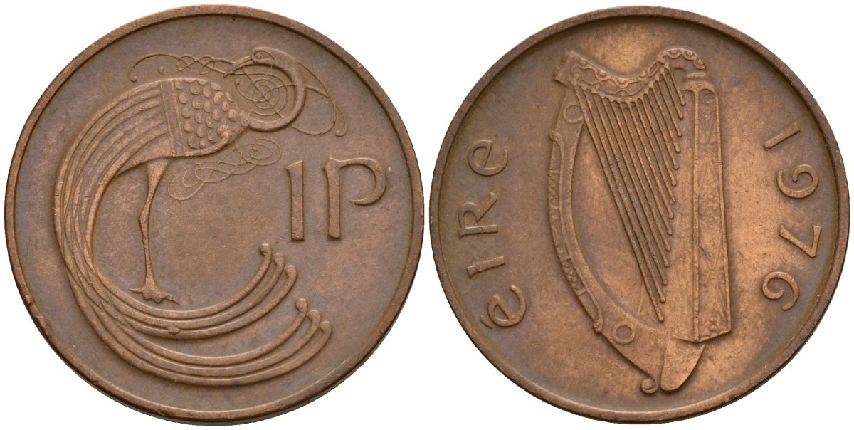 Ирландия 1 пенни 1976 мифологическая птица лира KM 20 бронза 4141-231