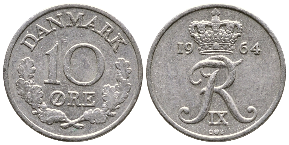 Дания 10 эре 1964 C; S, Фредерик IX (1947-1972) KM 849.1 медно-никель 26-917
