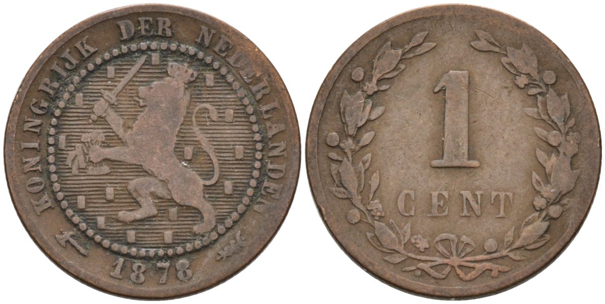 Нидерланды 1 цент 1878 Виллем III (1849-1890) KM 107 бронза 4576-525