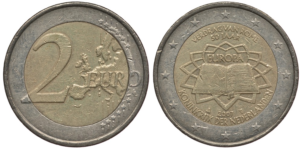 НИДЕРЛАНДЫ 2 ЕВРО 2007 50 ЛЕТ РИМСКОМУ ДОГОВОРУ KM 273 биметалл 4384-654