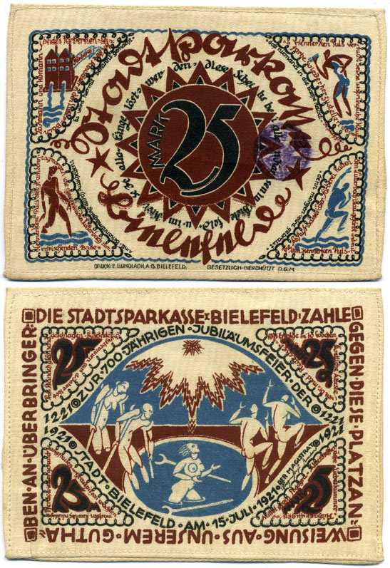 БИЛЕФЕЛЬД, ГЕРМАНИЯ 25 МАРОК 1921 НОТГЕЛЬД, ЗЕМЛЯ СЕВЕРНЫЙ РЕЙН-ВЕСТФАЛИЯ, 15 ИЮЛЯ 1921 ARNOLD KELLER 103.7 шёлк UNC (ПРЕСС) 8518-46-3-1