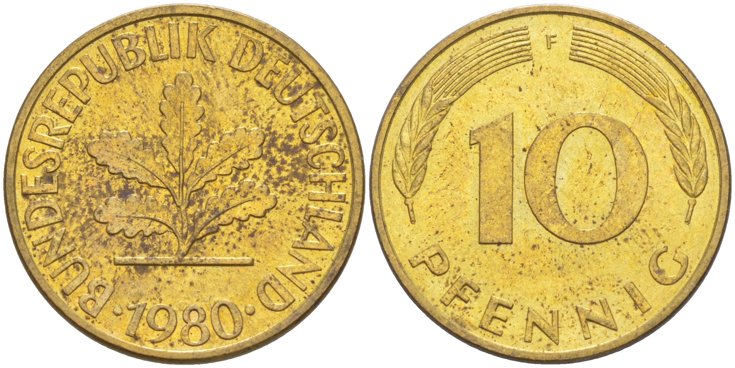 ФРГ 10 пфеннигов 1980 F KM 108, J. 383 сталь плакированная латунью 62-651