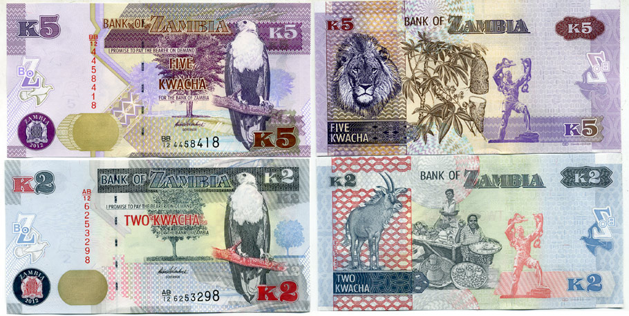 Замбия набор из 6 банкнот 2012 2, 5, 10, 20, 50 и 100 квачей Pick 49, 52, 51, 52, 53, 54 бумага UNC (пресс) 451-81-1