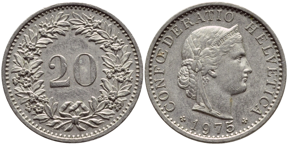 Швейцария 20 раппенов 1975 KM 29а медно-никель 4398-641
