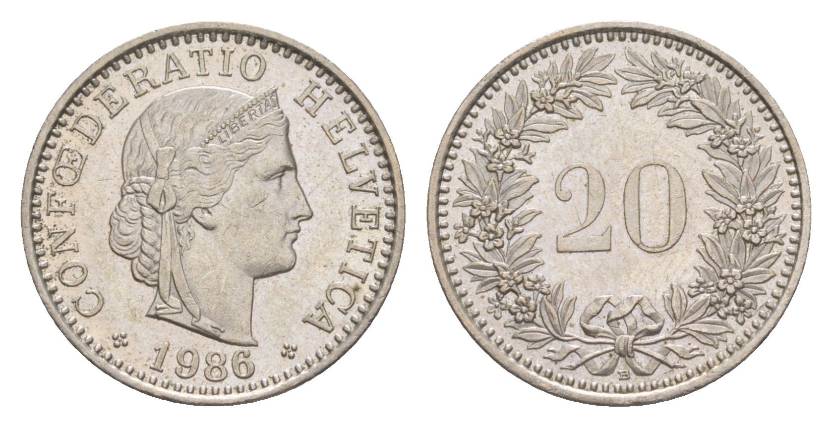 Швейцария 20 раппенов 1986 B KM 29a медно-никель 4623-267