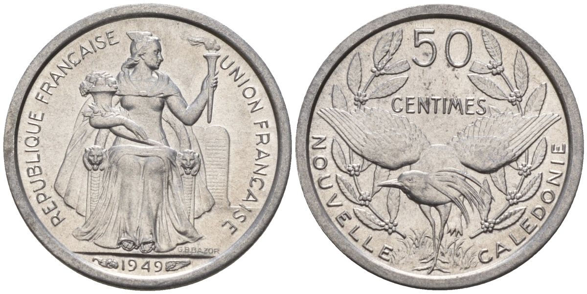 Французская Новая Каледония 50 сантимов 1949 птица кагу, заморские территории KM 1 алюминий 4154-129
