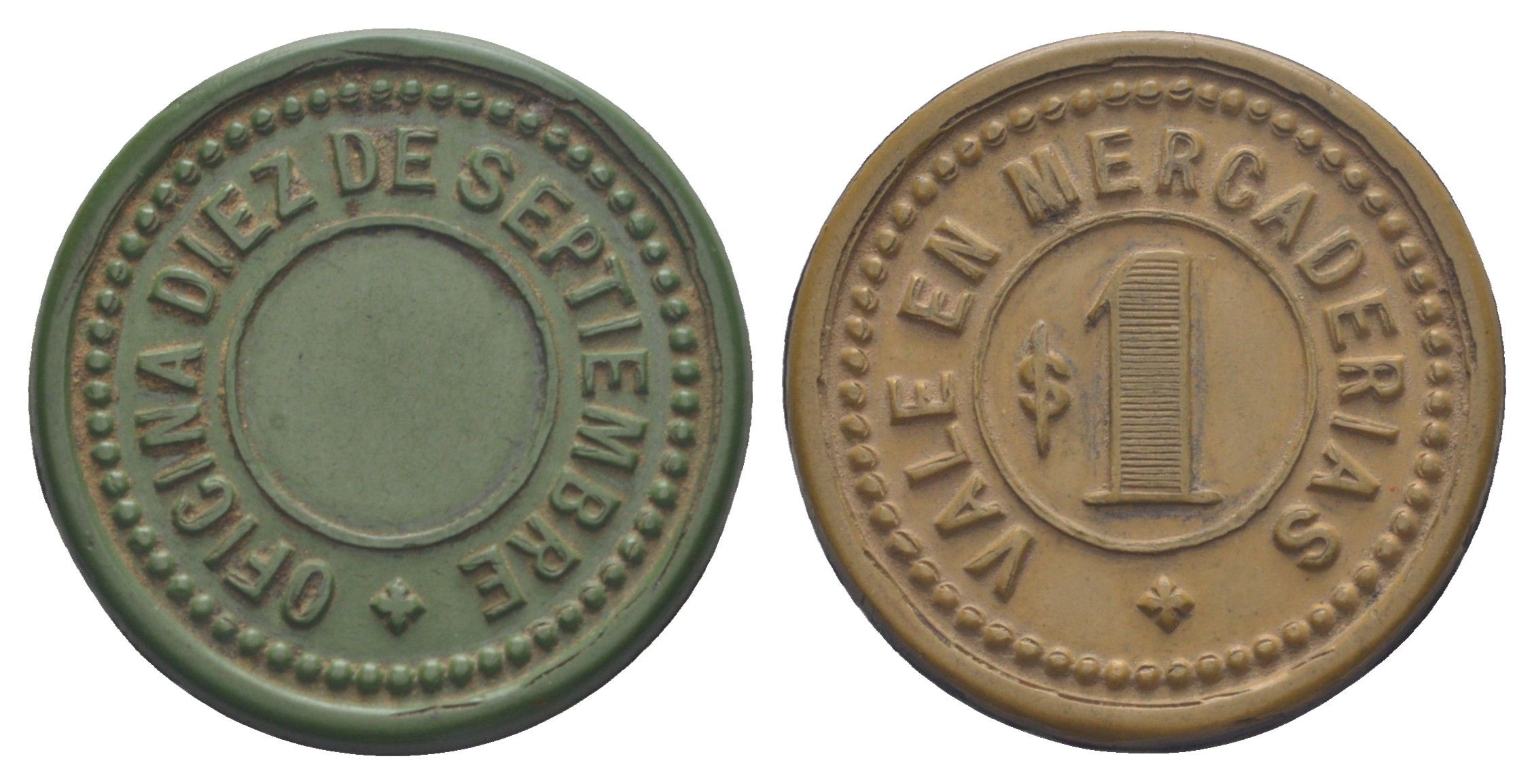 Чили, десятое сентября (Diez De Septiembre), Пинтадос (Pintados) шахтерский жетон с Селитряного рудника для покупки в местных магазинах, номиналом в 1 песо 1880-1920 диаметр 35 мм, вес 4,62 гр Espinosa 96.5 эбонит (зеленый и охра) 01-235-13