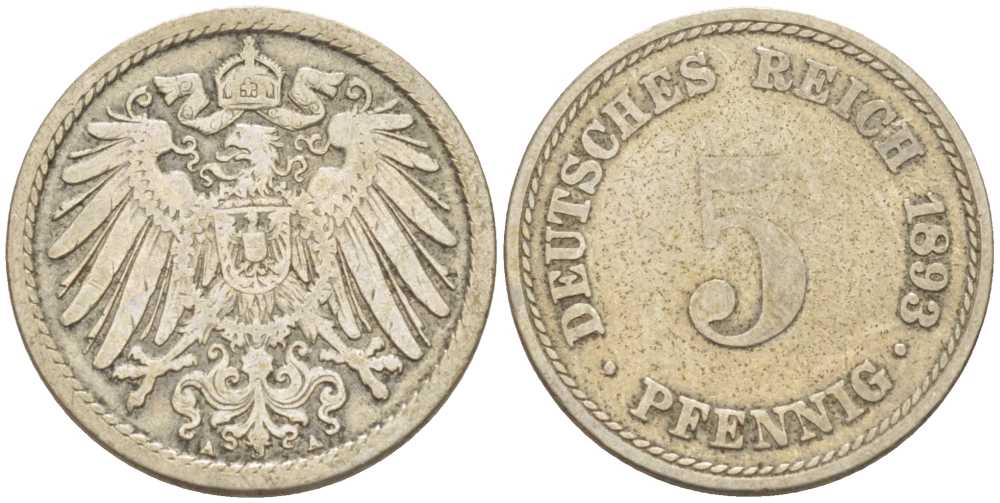ГЕРМАНИЯ 5 ПФЕННИГОВ 1893 A KM 11, J. 12, Weege 6 медно-никель 206-912