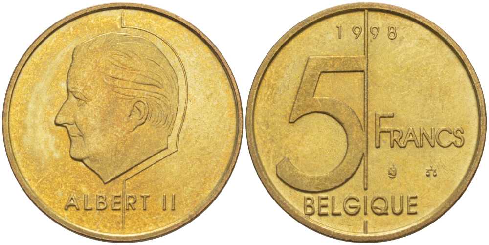 БЕЛЬГИЯ 5 ФРАНКОВ 1998 BELGIQUE, АЛЬБЕРТ II (1993-) KM 189 алюминиевая бронза 4382-1225