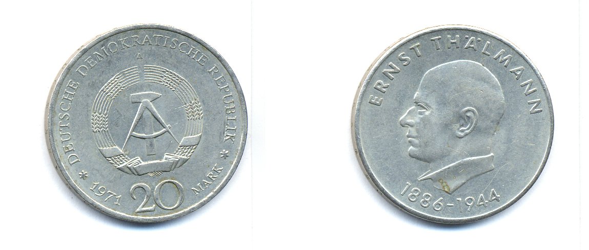 ГДР 20 марок 1971 A, 85 лет со дня рождения Эрнста Тельмана KM 34, J. 1535 медно-никель 3333-545