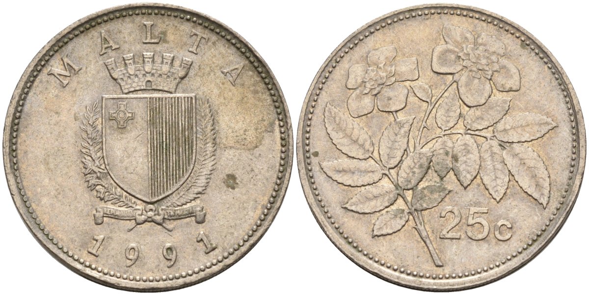 Мальта 25 центов 1991 шиповник вечнозелёный KM 97 медно-никель 219-811