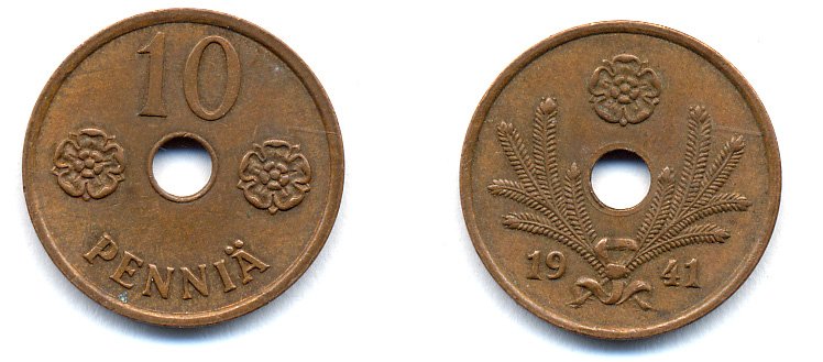 ФИНЛЯНДИЯ 10 ПЕННИ 1941 KM 33.1 медь 51-4913