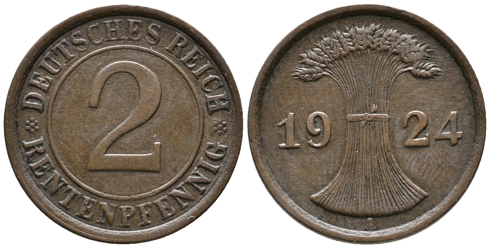 ГЕРМАНИЯ 2 РЕНТЕНПФЕННИГА 1924 A KM 31, J. 307 бронза 24-453