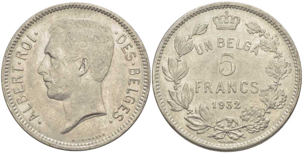 БЕЛЬГИЯ 5 ФРАНКОВ 1932 АЛЬБЕРТ I, DES BELGES KM 97.1 никель 3851-232