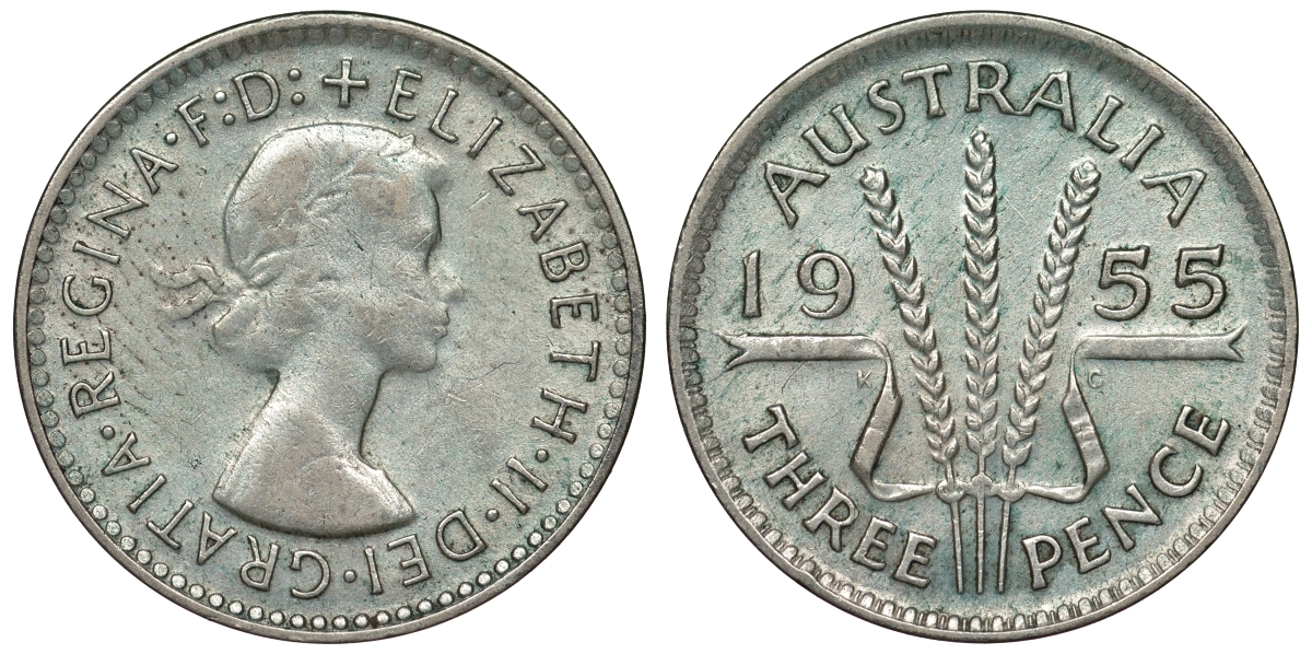 Австралия 3 пенса 1955 m, Елизавета II (1952-2022) KM 57 серебро 71-438