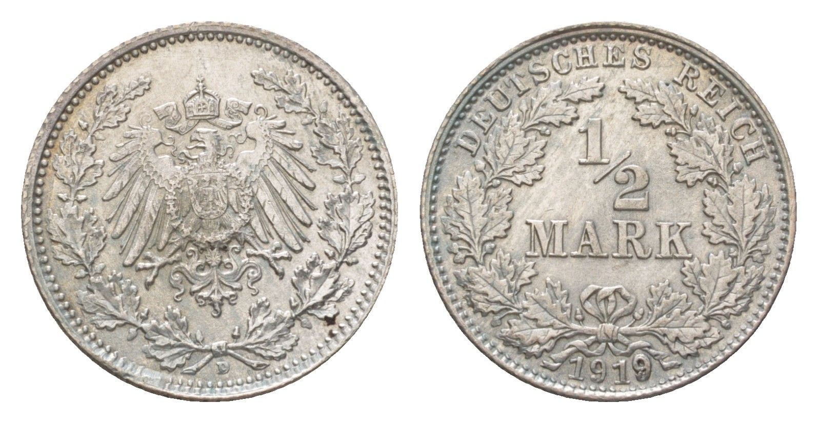 Германия 1/2 марки 1919 D KM 17, J. 16 серебро aUNC 3896-913