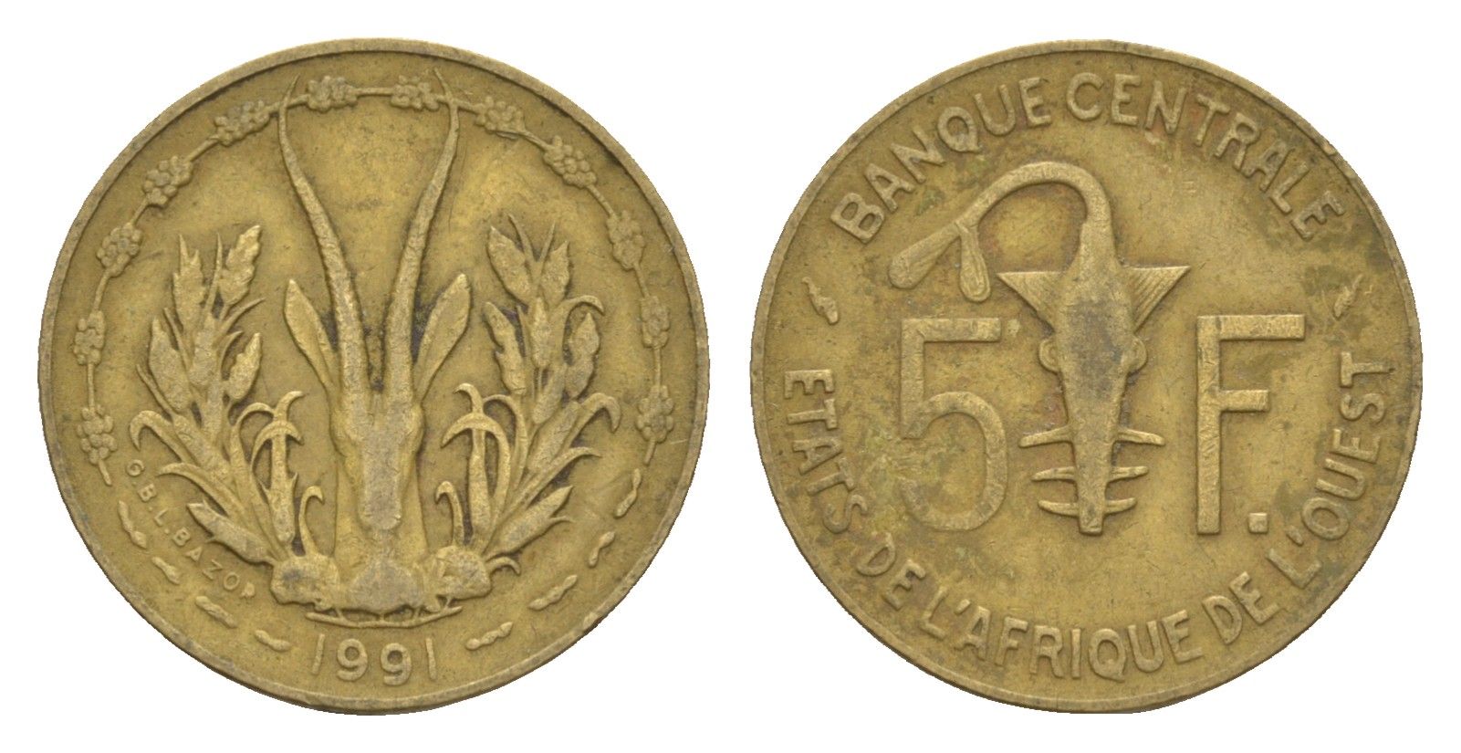 Западная Африка (BCEAO) 5 франков 1991 KM 2a медь алюминий никель 4655-817