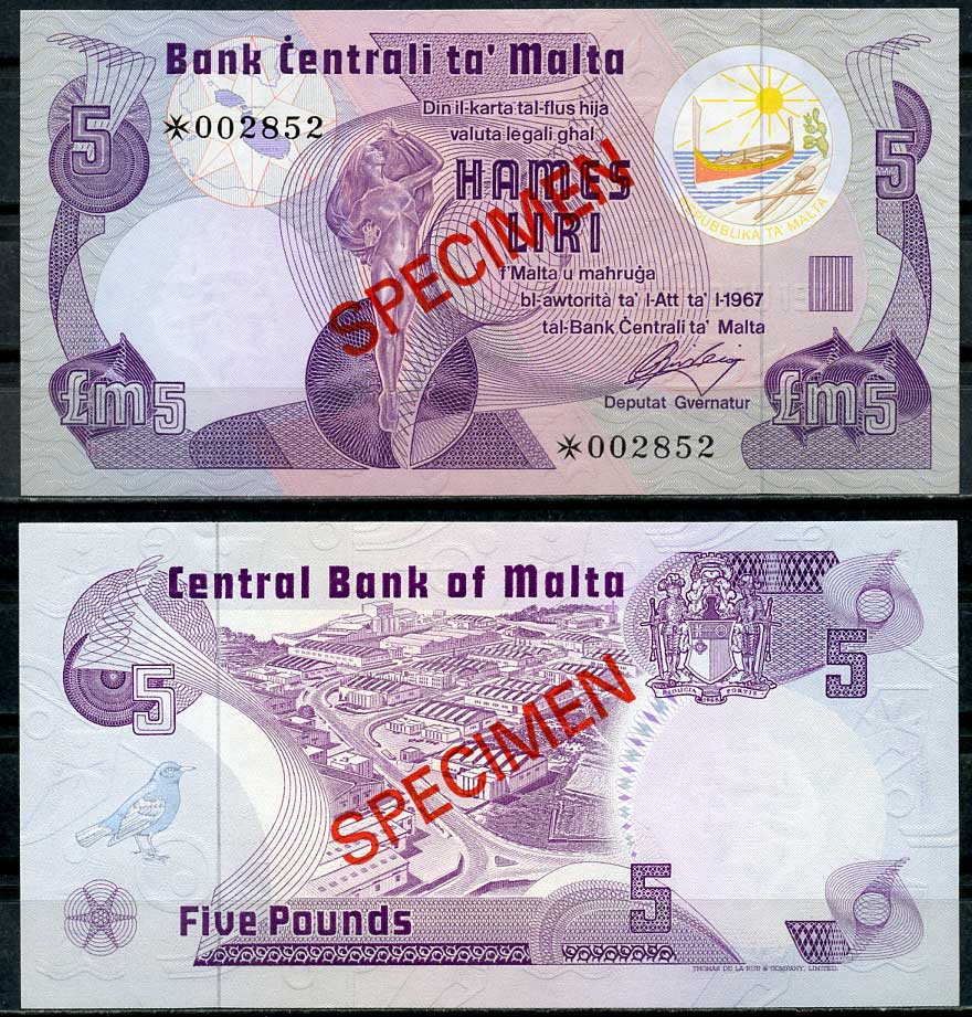 Мальта 1, 5 и 10 лир (фунтов) L. 1967 (1979) образец, Specimen, № 002852 Pick 34 s, 35 s, 36 s  бумага  UNC (пресс) 451-22-2
