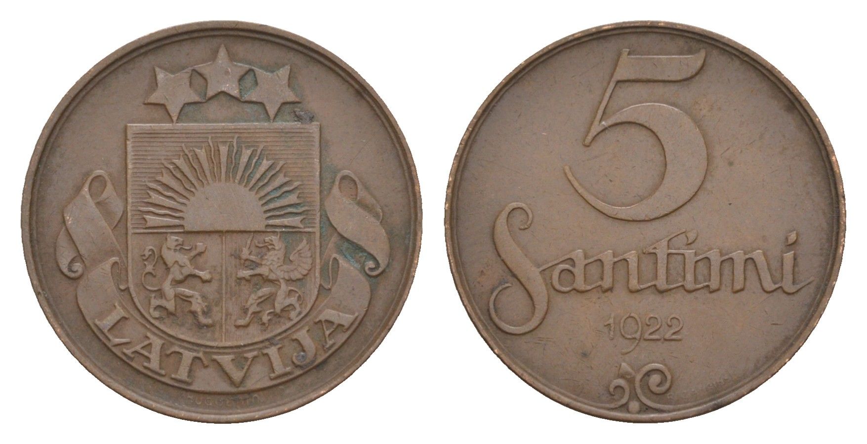 Латвия 5 сантимов 1922 KM 3 бронза 4658-1156