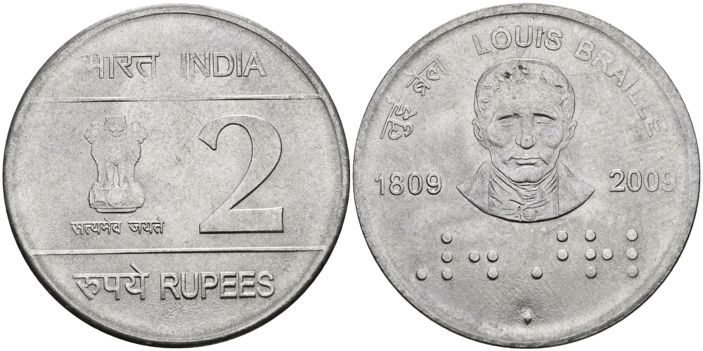 Индия 2 рупии 2009 200 лет Луи Брайлю KM NEW медно-никель UNC 95-155
