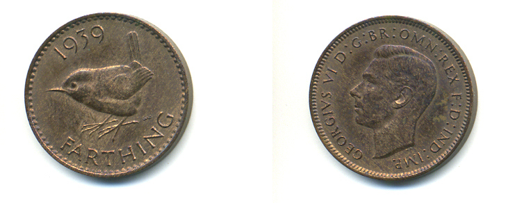 Великобритания 1 фартинг 1939 Георг VI (1936-1952) KM 843, Spink 4116 бронза 83-433
