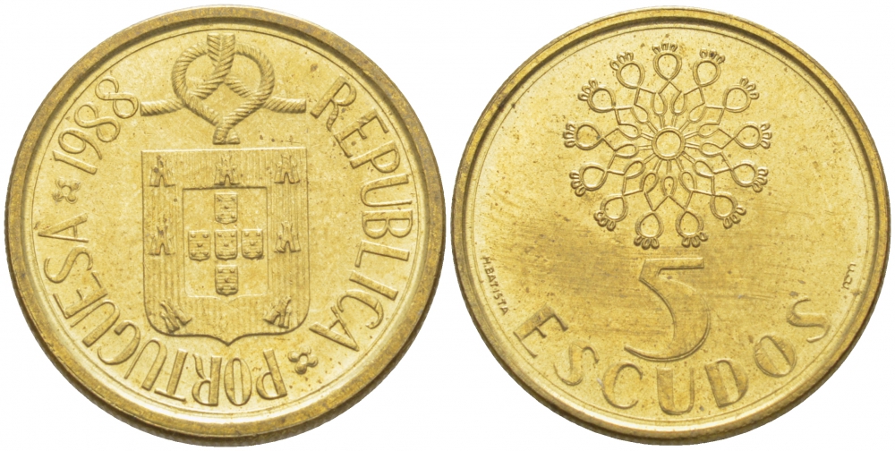 ПОРТУГАЛИЯ 5 ЭСКУДО 1988 KM 632 никелированная латунь UNC 87-455