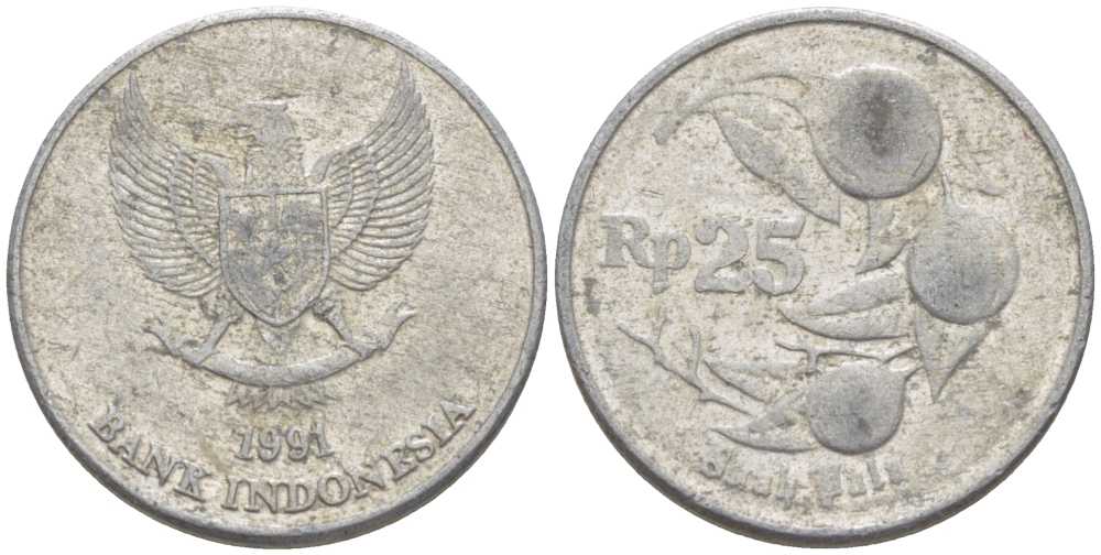 Индонезия 25 рупий 1991 мускатный орех KM 55 алюминий 211-617