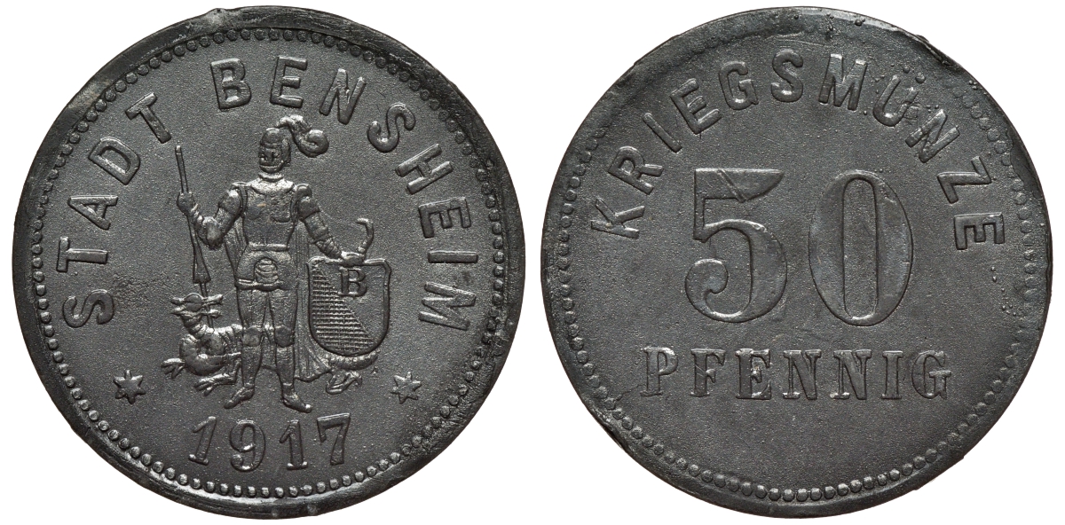 Гессен, Бенсхайм 50 пфеннигов 1917 Funck 34.4 цинк 75-1916
