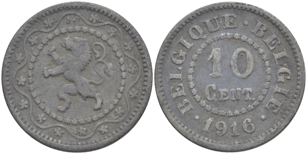 БЕЛЬГИЯ 10 САНТИМОВ 1916 НЕМЕЦКАЯ ОККУПАЦИЯ KM 81 цинк 4529-137