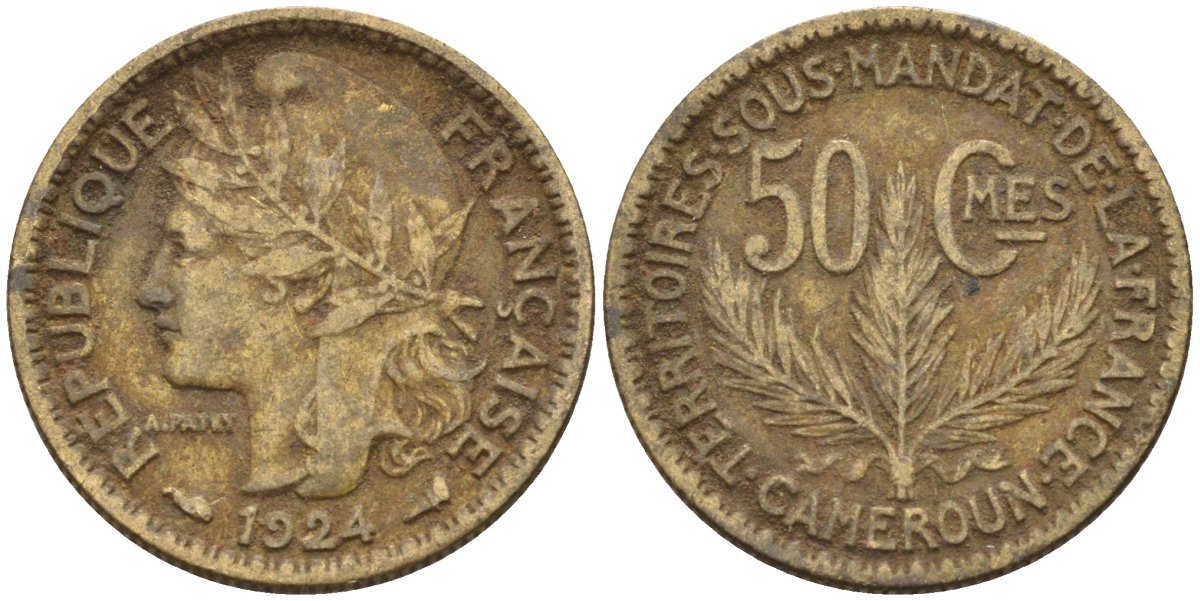 Французский Камерун 50 сантимов 1924 (а), монетный двор Париж KM 1 алюминиевая бронза 4164-856