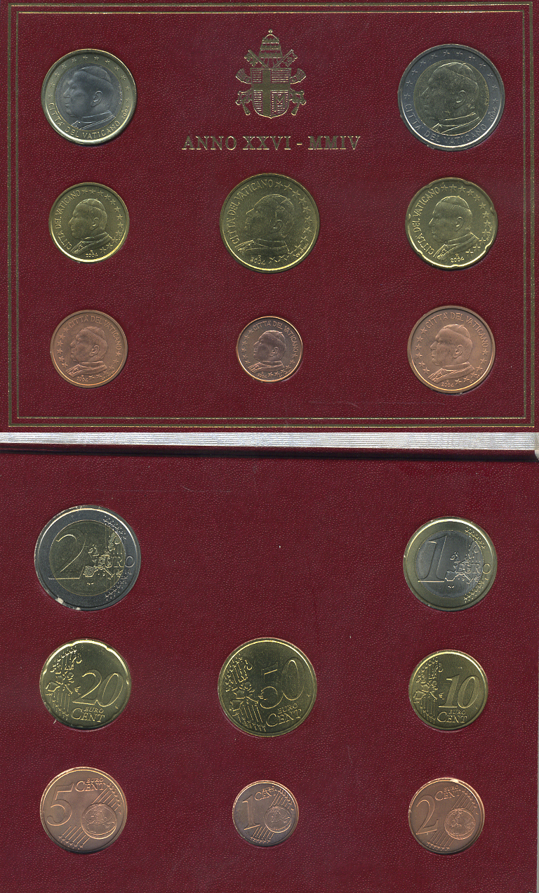 Ватикан евронабор из 8 монет 2004 Папа Иоанн Павел II, в оригинальном буклете KM MS 110 биметалл UNC 7-5-5-03