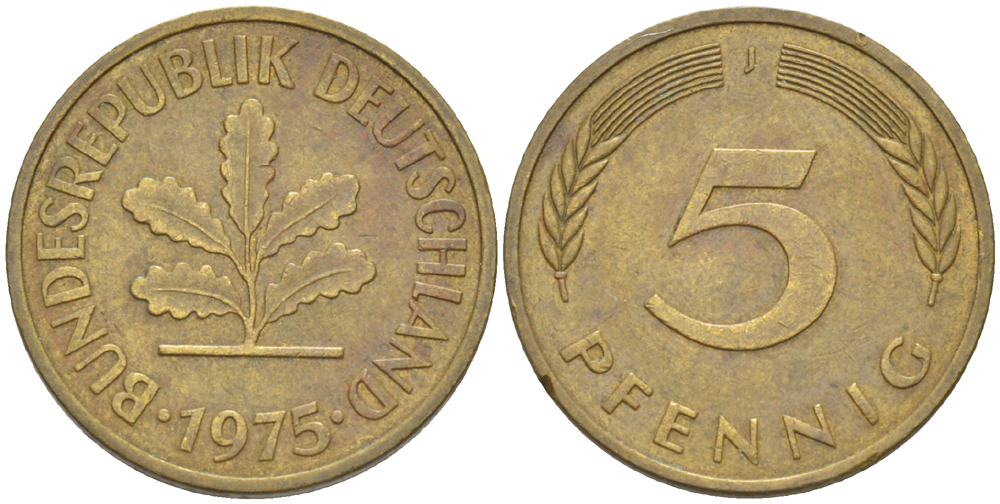 ФРГ 5 ПФЕННИГОВ 1975 J KM 107, J. 382 сталь плакированная латунью 4181-947