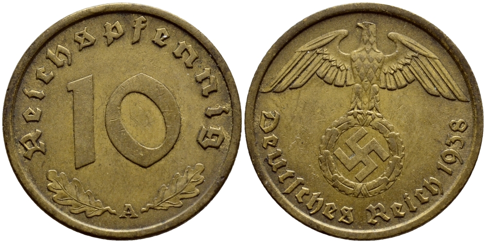 ГЕРМАНИЯ 10 РЕЙХСПФЕННИГОВ 1938 A, KM 92, J. 364 алюминиевая бронза 4382-1254