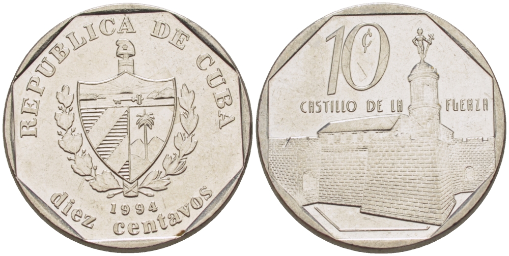 Куба 10 сентаво 1994 форт в Гаване Ла-Фуэрса KM 576.1 сталь плакированная никелем 66-663