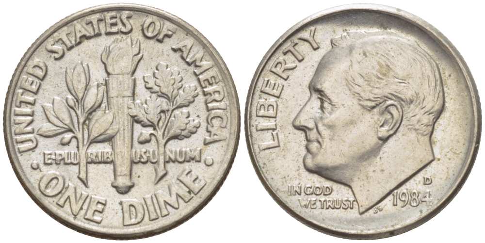 США 10 ЦЕНТОВ = 1 ДАЙМ 1984 D, РУЗВЕЛЬТ KM 195а медь плакированная медно-никелем 217-1114