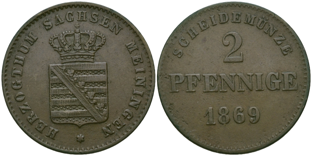 Саксен-Мейнинген 2 пфеннига 1869 Георг II (1866-1914) KM 174, Jaeger 448, AKS 215 медь 99-664