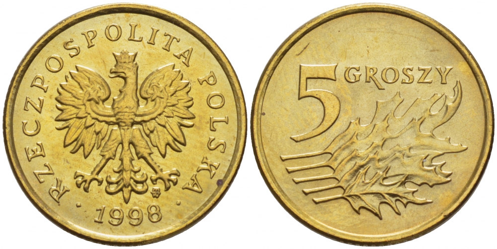 Польша 5 грошей 1998 MW KM 278, Parchimowicz 703e латунь UNC 4516-1156