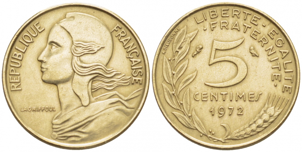 ФРАНЦИЯ 5 САНТИМОВ 1972 ТИП MARIANNE KM 933 медь алюминий никель 112-841