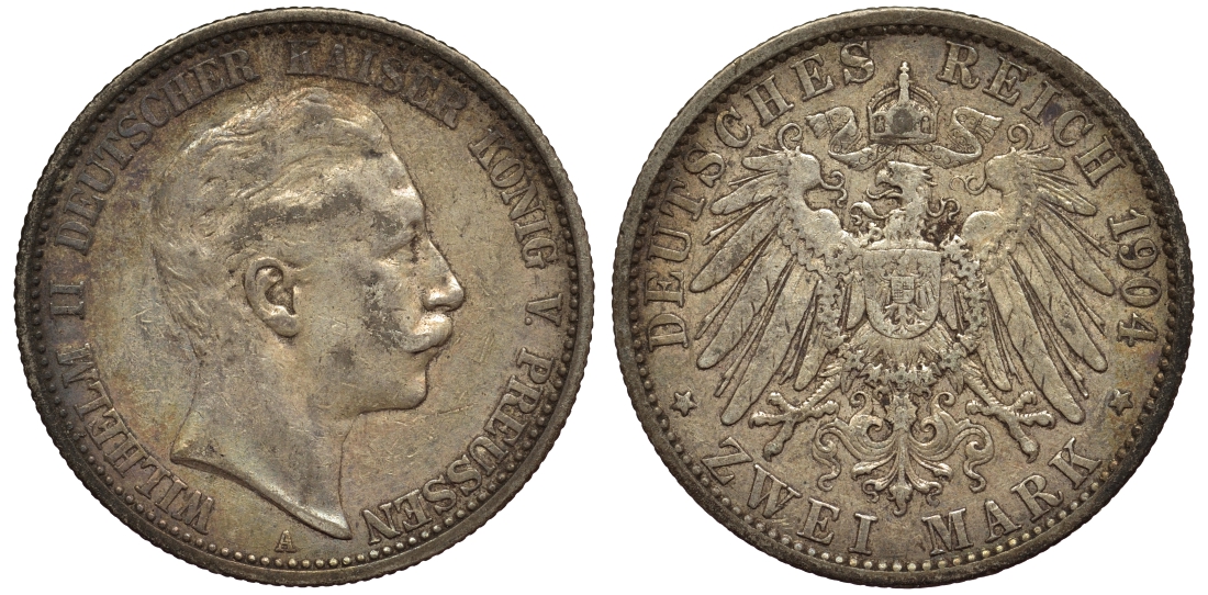 Пруссия 2 марки 1904 A, Вильгельм II (1888-1918) J.102, Weege 101, KM 522 серебро 02-014-31