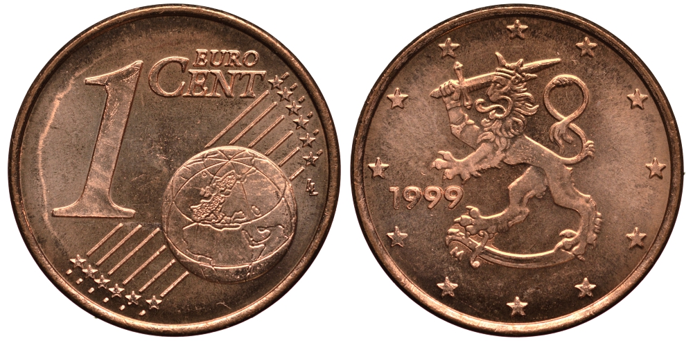 Финляндия 1 евроцент 1999 KM 98 сталь плакированная медью XF-UNC 4181-147