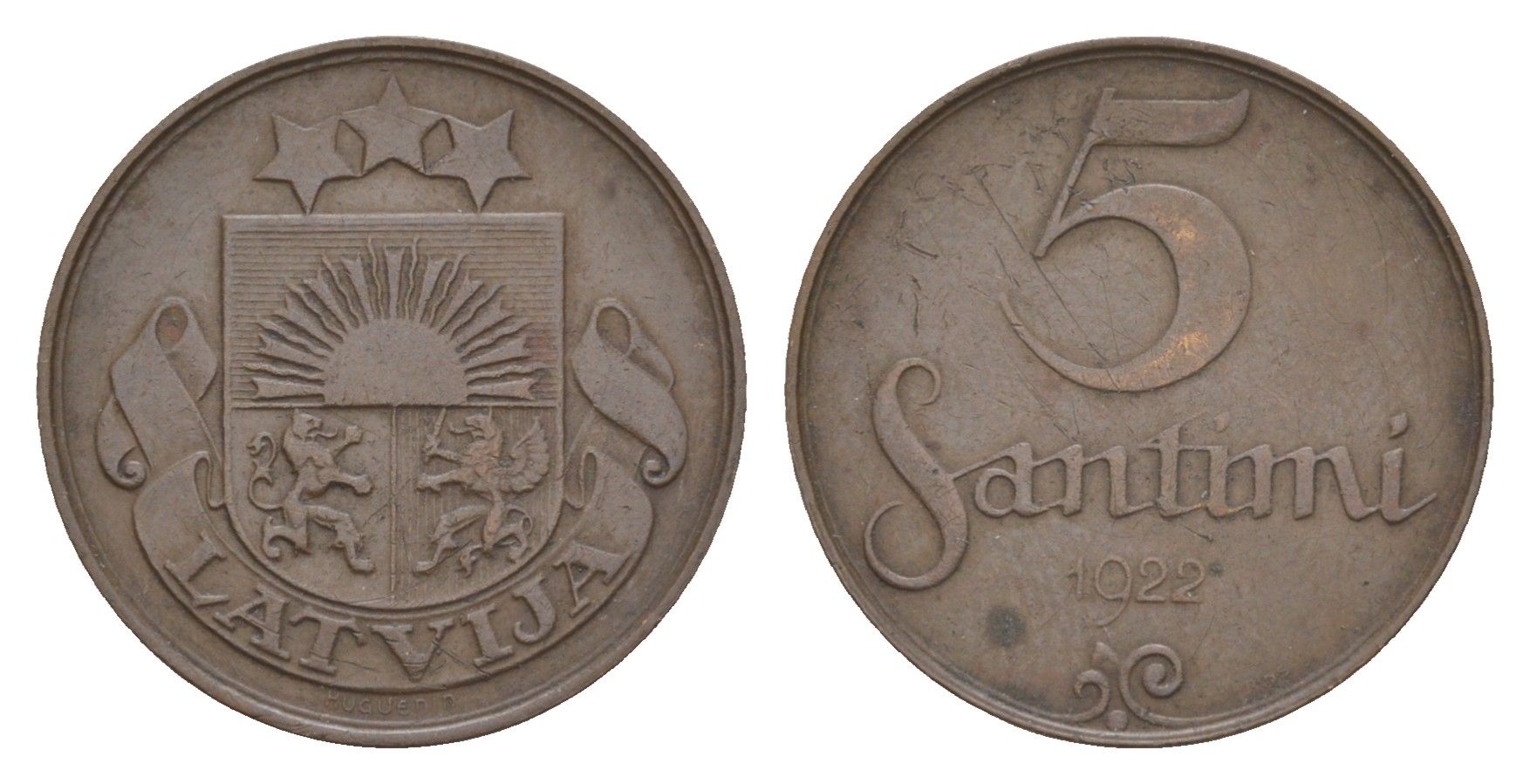 Латвия 5 сантимов 1922 KM 3 бронза 4658-1163