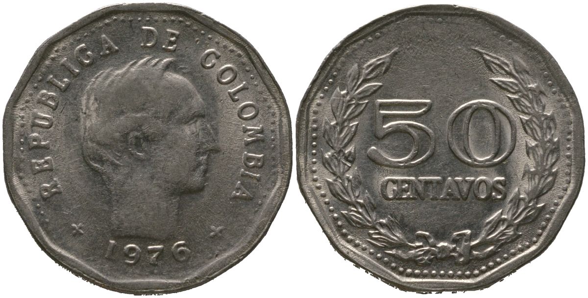 Колумбия 50 сентаво 1976 KM 244 сталь плакированная никелем 4529-855