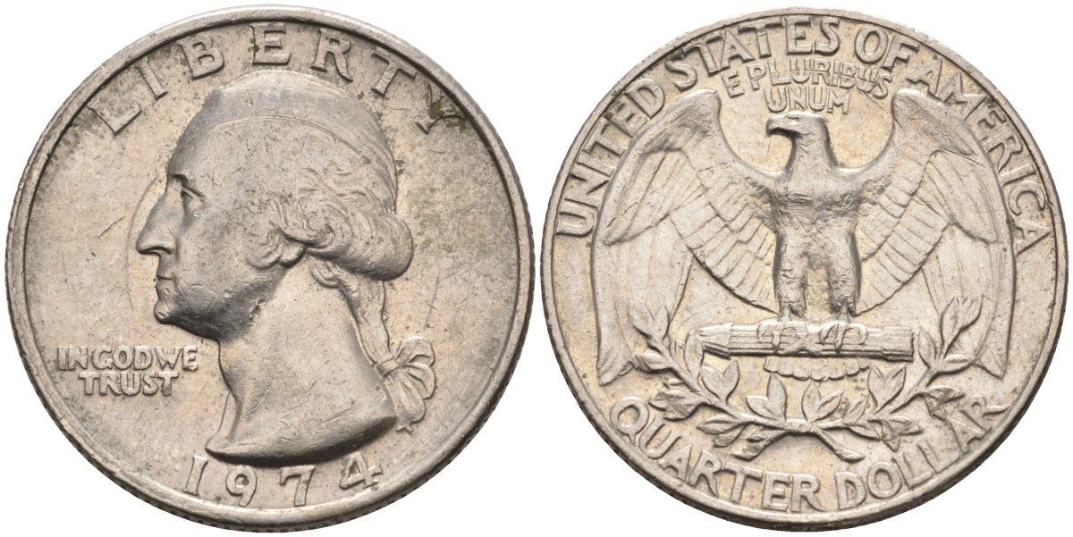США 25 центов (квотер) 1974 Вашингтон KM 164a медь плакированная медно-никелем 4584-1037