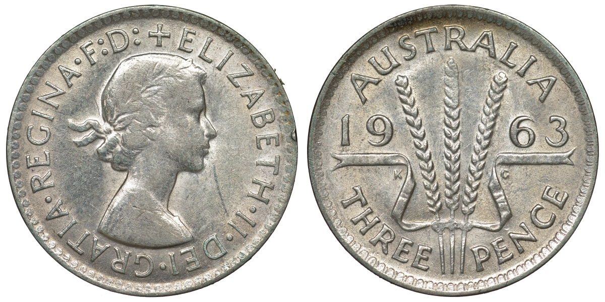 Австралия 3 пенса 1963 m, Елизавета II (1952-2022) KM 57 серебро 71-832